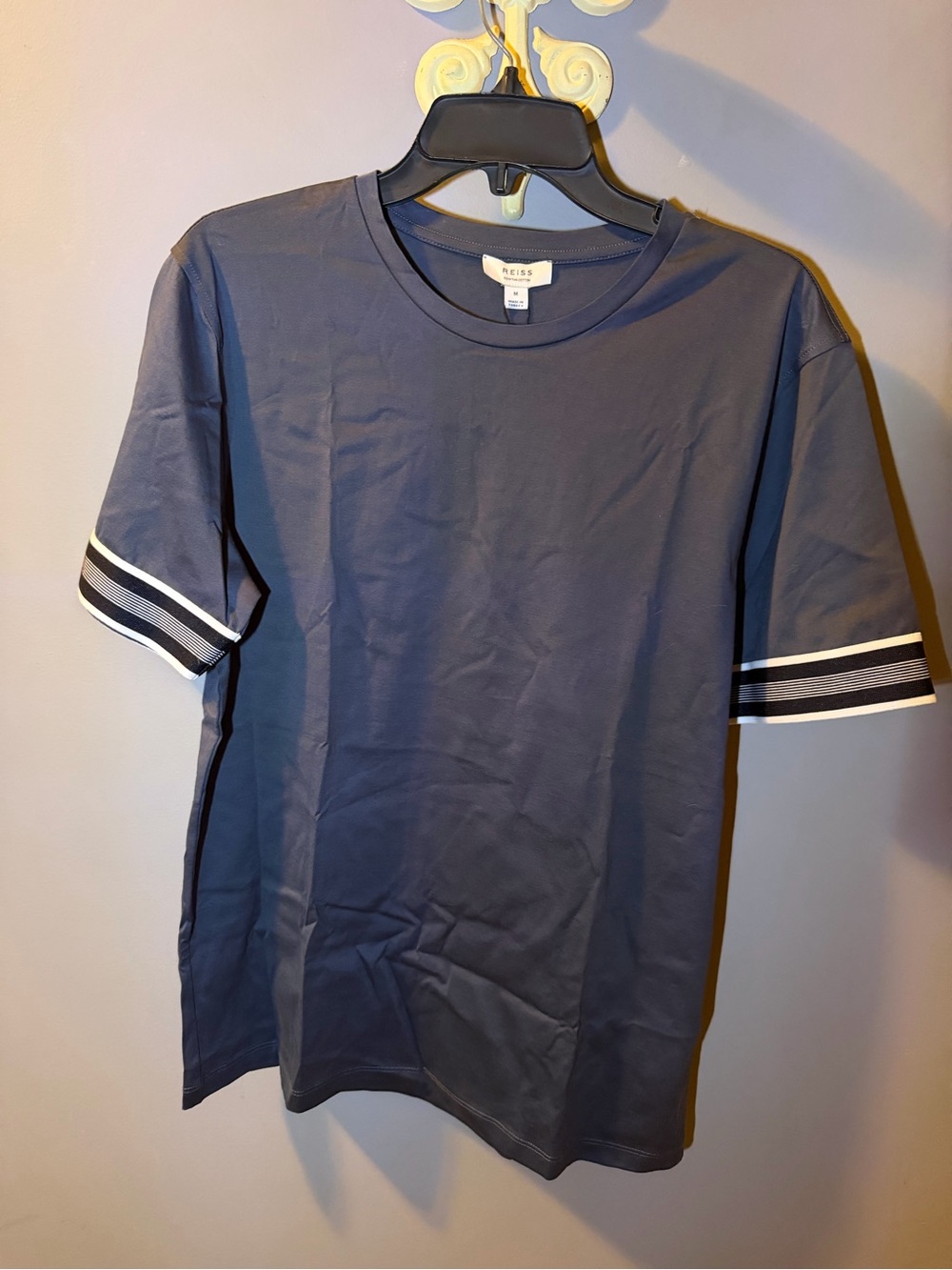 Reiss Blue/Steel  Short Sleeve Crew Shirt with White Stripe Sleeve Trim